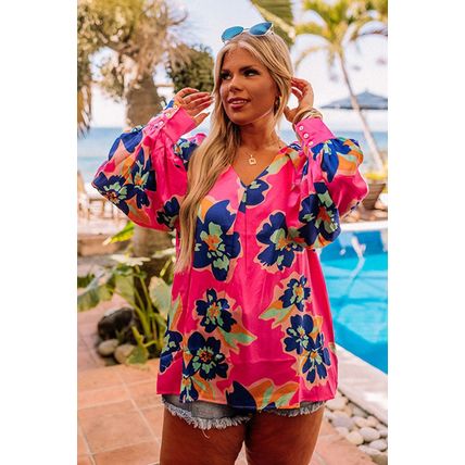 Rose Floral Pattern V Neck Balloon Sleeve Plus Size Blouse