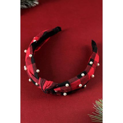Red Dahlia Pearl Decor Christmas Plaid Knotted Headband