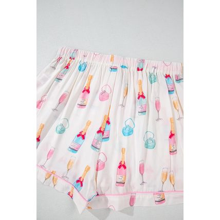 White Plus Size Wine Glass Print Bow Knot Pajama Set
