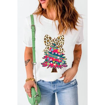 White Leopard Bow Décor Christmas Tree Graphic Crew Neck Tee