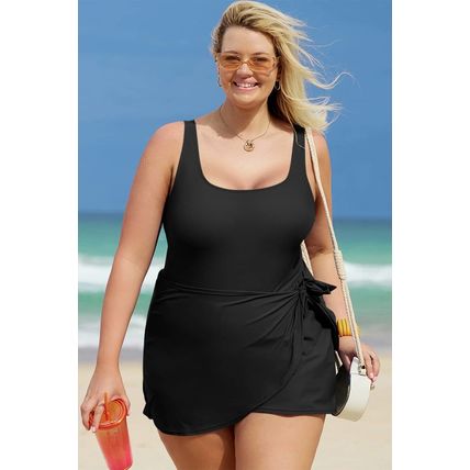 Black Solid Color Square Neck Knotted Plus Size One Piece Swimsuit