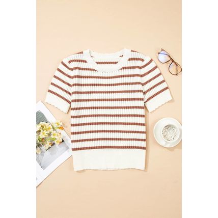 Khaki Stripe Scalloped Round Neck Short Sleeve Sweater