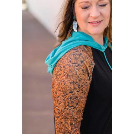 Black Western Print Color Block Plus Size Hoodie