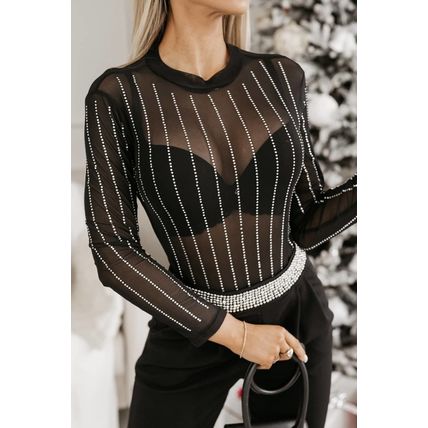 Black Rhinestone Decor Striped Mesh Long Sleeve Bodysuit