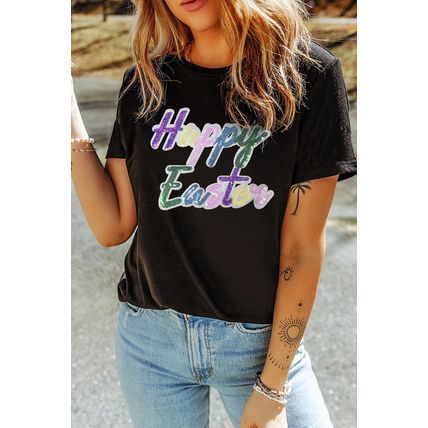 Black Sequined Happy Easter Graphic Tee