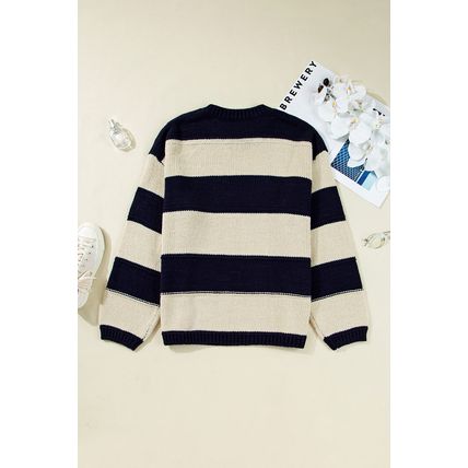 Blue Stripe Color Block PLus Size Drop Shoulder Sweater