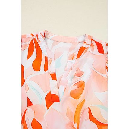 Orange Abstract Print Split Neck Long Sleeve Dress