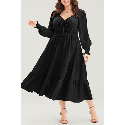 Black Lace-up Ruched Front Long Sleeve Ruffle Hem Plus Size Midi Dress
