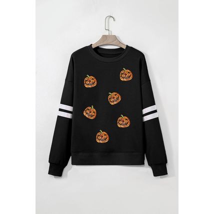 Black Halloween Pumpkin Face Sequin Patched Oversize Varsity Sweatshirt