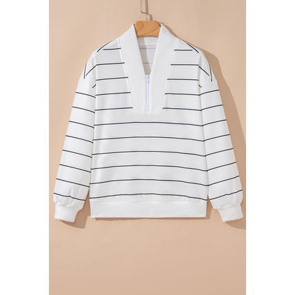 White Zip V Neck Casual Stripe Print Drop Shoulder Long Sleeve Top