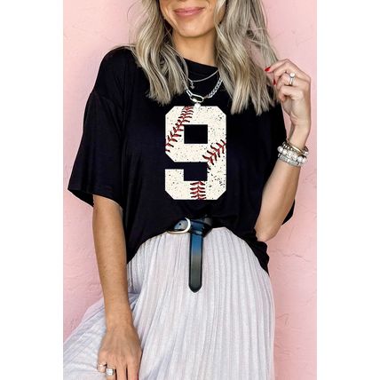 Black Number 9 Distressed Baseball Pattern Oversize Tee