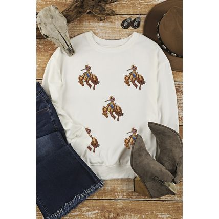 White Sequin Rodeo Patched Drop Shoulder Sweatshirt