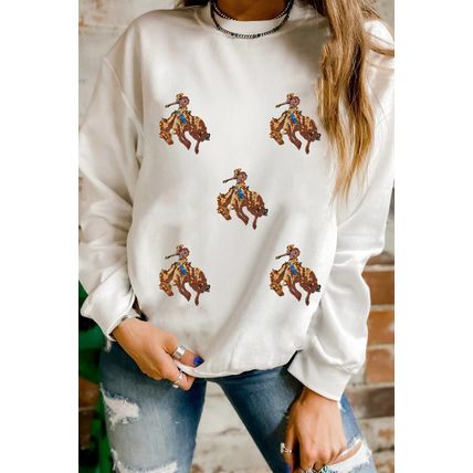 White Sequin Rodeo Patched Drop Shoulder Sweatshirt