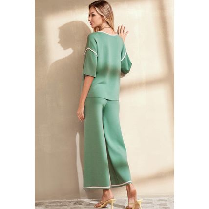 Canton Contrast Trim Half Sleeve Top Drawstring Pants Loose 2pcs Sweater Suit