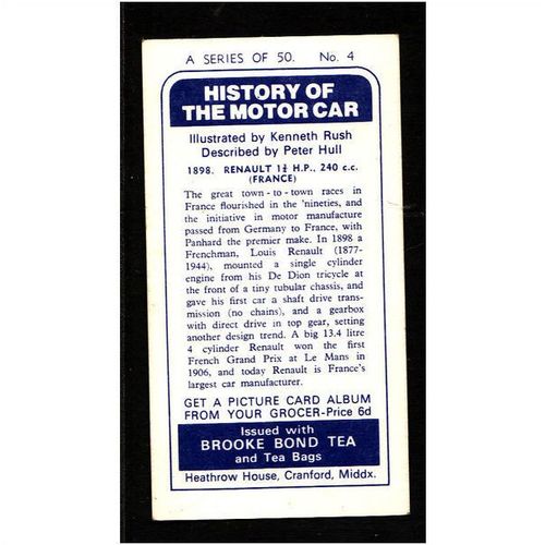 1968 Brooke Bond Tea card HISTORY OF THE MOTOR CAR no.4 Renault