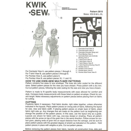 Kwik Sew 2610 Sewing Pattern Women's Panties T-Shirt Camisole XS S M L XL Uncut