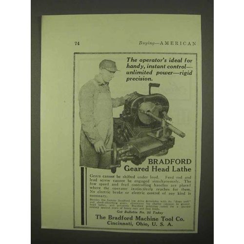 1922 Bradford Geared Head Lathe Ad - Operator's Ideal