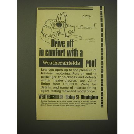 1966 Weathershields Roof Ad - Drive off in comfort with a Weathershields roof