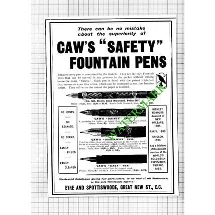 Caw's Safety Fountain Pens ADVERT - 1903 Cutting