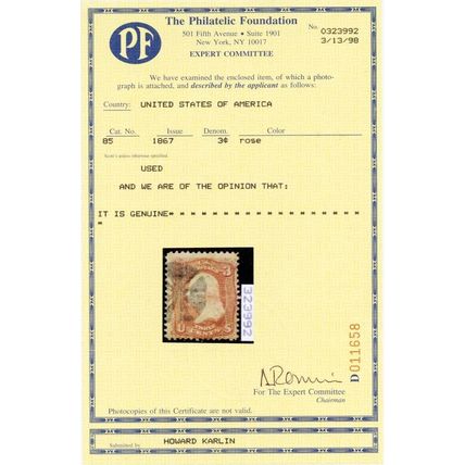 85, Used 3¢ Nice Sound Stamp With PFC Certificate CV $1050. * Stuart Katz