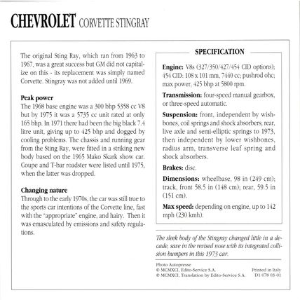 Collectors Club card. Classic Cars. Chevrolet Corvette Stingray