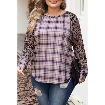 Chestnut Plus Size Leopard Raglan Sleeve Plaid Top