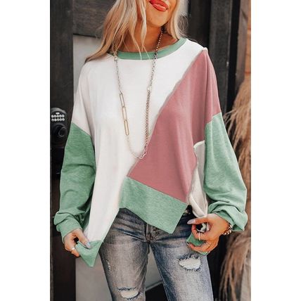 Colorblock Stitching Irregular Hem Long Sleeve Top