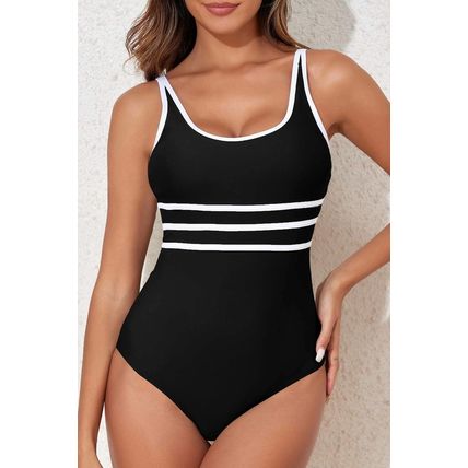 Black Contrast Trim Colorblock U Neck One Piece Swimwear