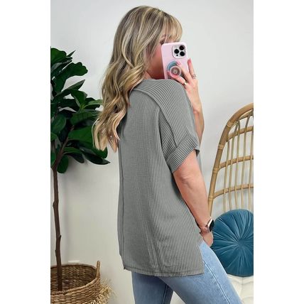 Medium Grey Textured Knit Exposed Stitching T-shirt