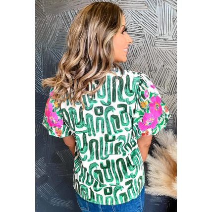 Blackish Green Embroidered Puff Sleeve Frilled Neck Printed Top