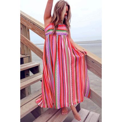 Multicolour Striped Thin Straps Smocked Back Boho Maxi Dress