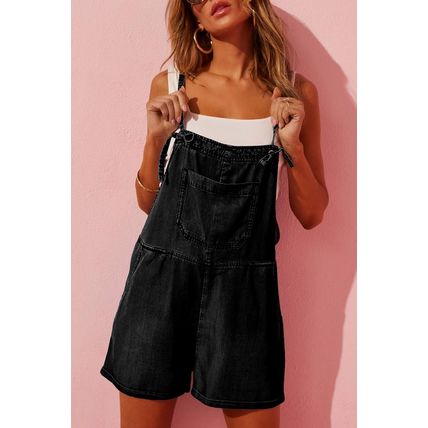 Black Grommet Tie Straps Casual Denim Romper