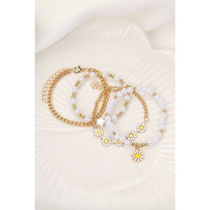 White 4pcs Daisy Pearl Beaded Chain Bracelet Set