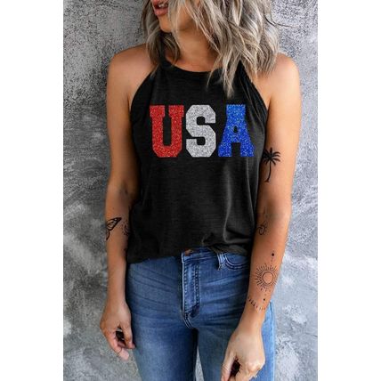 Black Glitter USA Letters Graphic Tank Top