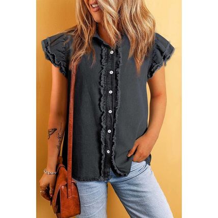 Black Button Front Ruffled Flutter Frayed Denim Top