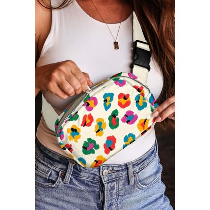 Beige Colorful Leopard Print Buckle Strap Crossbody Bag