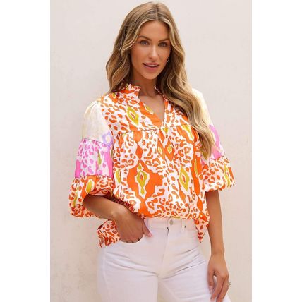 Orange Leopard Colorblock Puff Sleeve Split Neck Blouse