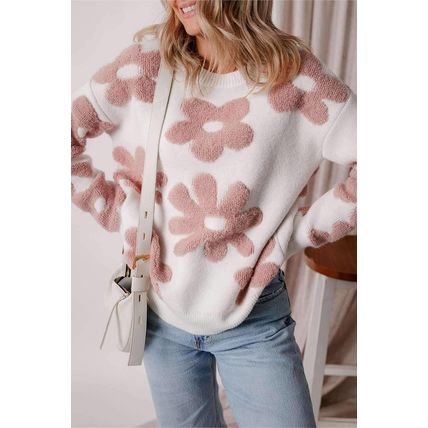 White Textured Flower Drop Shoulder Loose Sweater