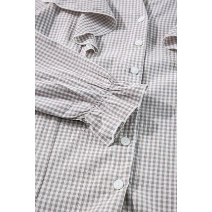 Brown Plaid Flounce Sleeve Notched Neck Ruffled Shirt