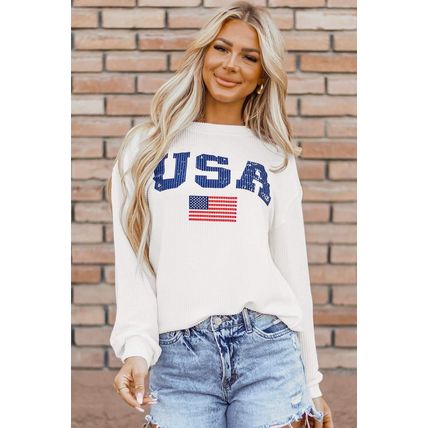 White USA Flag Corded Graphic Sweatshirt