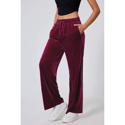 Burgundy Solid Drawstring Waist Wide Leg Pants