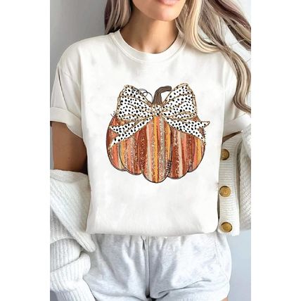 White Thanksgiving Bow Knot Pumpkin Print Round Neck T Shirt