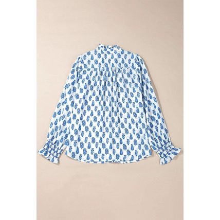 Sky Blue Boho Floral Printed Lantern Sleeve Frilled Neck Shirred Shirt