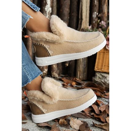 Beige Suede Stitching Patchwork Plush Lined Anklet Boots