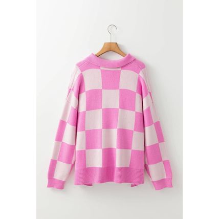 Pink Checkerboard Half Button Collared Drop Shoulder Sweater