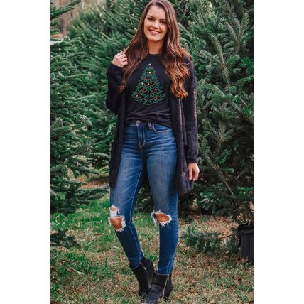 Black Rhinestone Christmas Tree Round Neck Graphic Tee