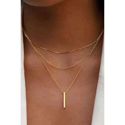 Gold Bar Pendant Layered Adjustable Chain Necklace