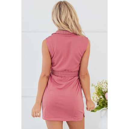 Mineral Red French Terry Zipped Collar Sleeveless Drawstring Waist Mini Dress