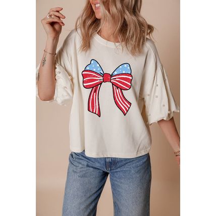White Stars Stripes Bowknot Graphic Pearled Puff Half Sleeve T Shirt