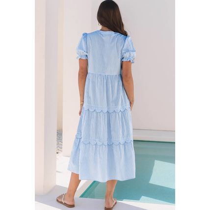 Sky Blue Stripe Bubble Short Sleeve Tiered Scallop Long Dress
